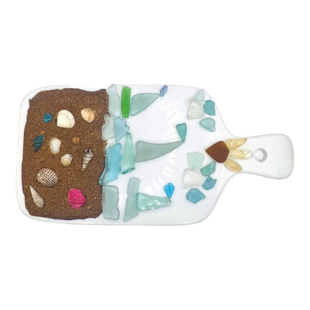 Artisan Crafted Ceramic Board Sailboat Scene W Sea Glass Citrine, Sand Seashells - Picture 6 of 12